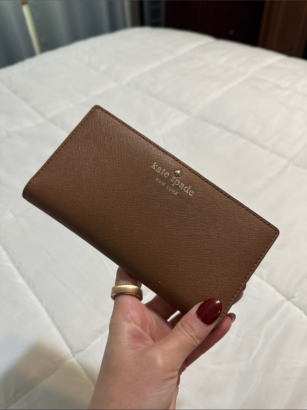 kate spade Brown Saffiano Leather Continental Wallet with Gold Logo